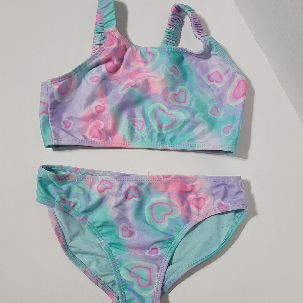 Wonder Nation Girls Bikini Set Pastel Hearts 2 Piece Swimsuit Size M (7/8)